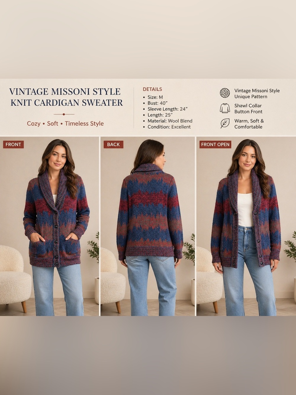 VTG Wool Chunky Knit Cardigan Shawl Collar Missoni Style Multicolor Sweater M 90